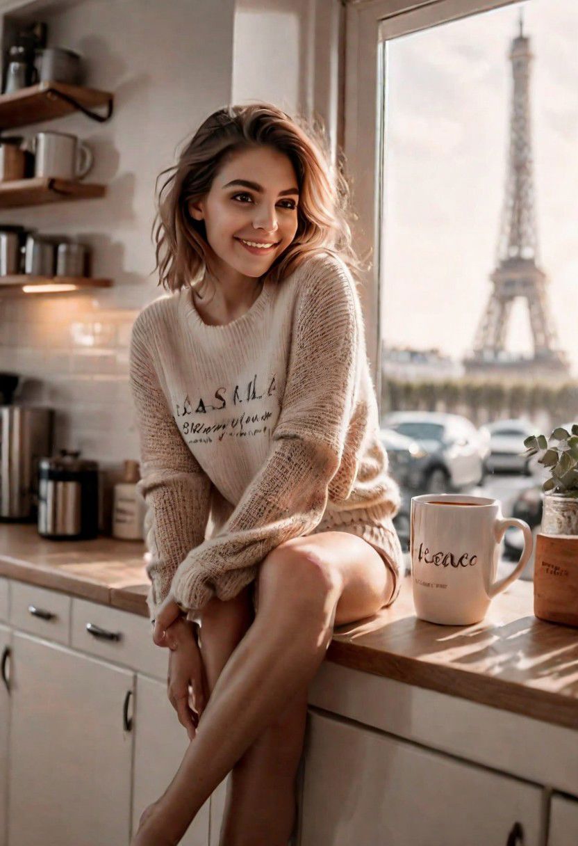 Ultra Realistic, 8k, (mastered sharpness:1.2) (detailed cute face:1.2), bokeh, girl, glam, sitting on a kitchen cabinet, legs folded against her, barefoot, in the kitchen, morning, chilling , shadows,  holding a mug, wide sweater, eiffel tower through the window, cute smile