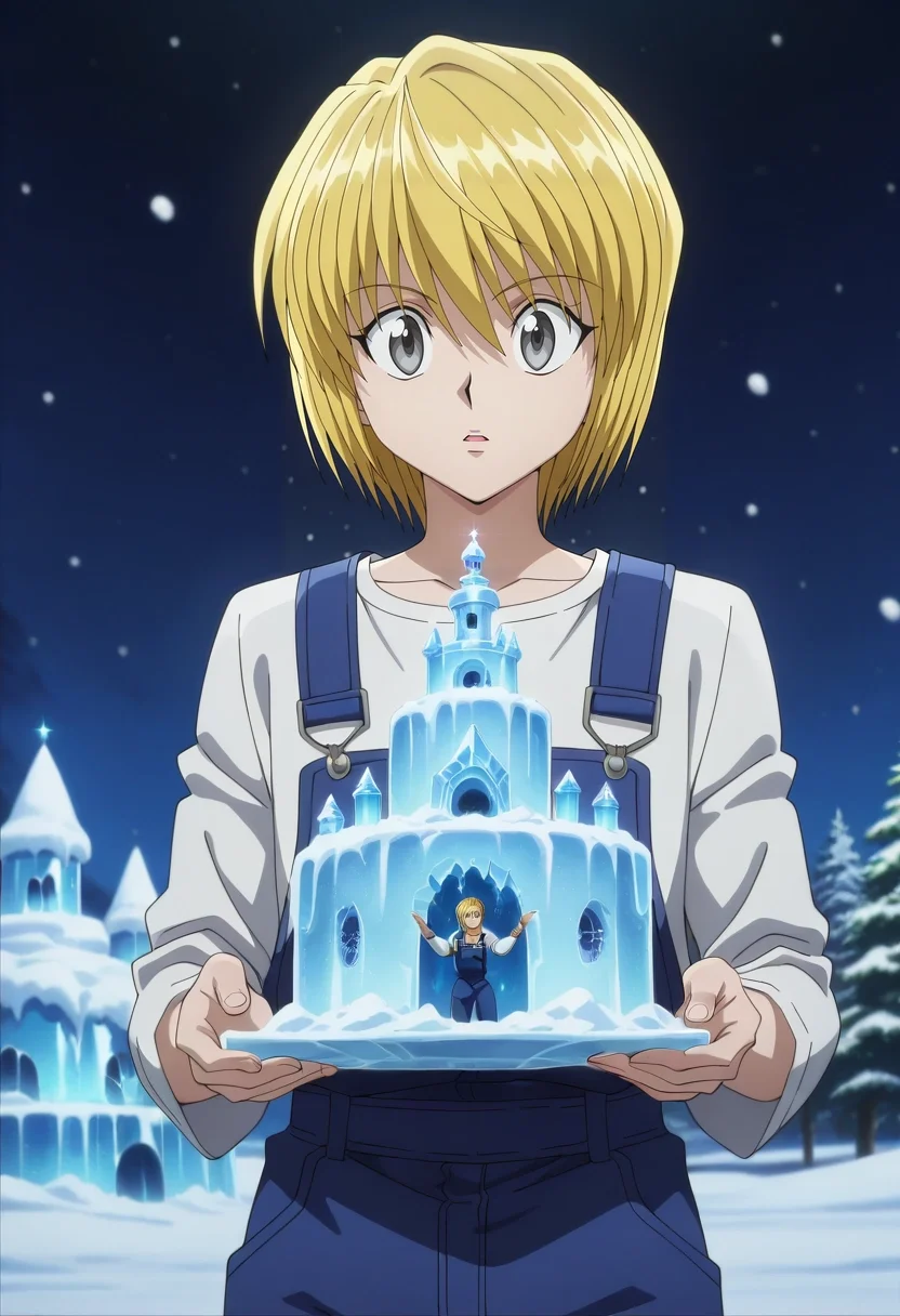 masterpiece, best quality, intricate details, anime screencap, anime coloring, , , , 1boy, solo, male focus, <lora:kurapika_hxh_ilxl:0.94>, kurapika_hxh, blonde hair, grey eyes, short hair, bangs, hair between eyes, , snow castle, ice sculptures, frozen fountain, northern lights, admiring pose, awestruck expression, night, overalls, snapback