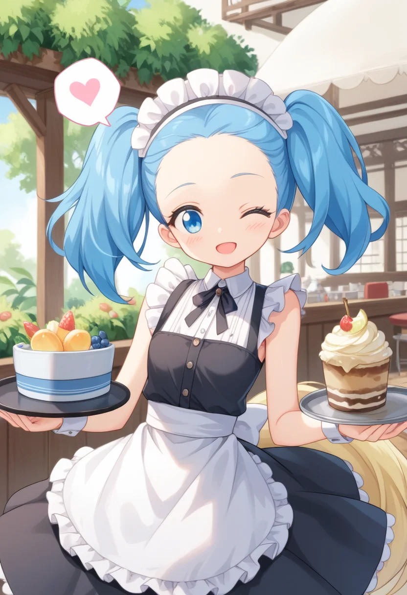 score_9, score_8_up, score_7_up, score_6_up, score_5_up, BREAK
sapphiehuman, twintails, blue eyes, blue hair, tail, hair ornament, head wreath, 1girl, solo, smile, blush, looking at viewer, cafe, maid outfit, maid headdress, tray, one eye closed, spoken heart, forehead, open mouth,