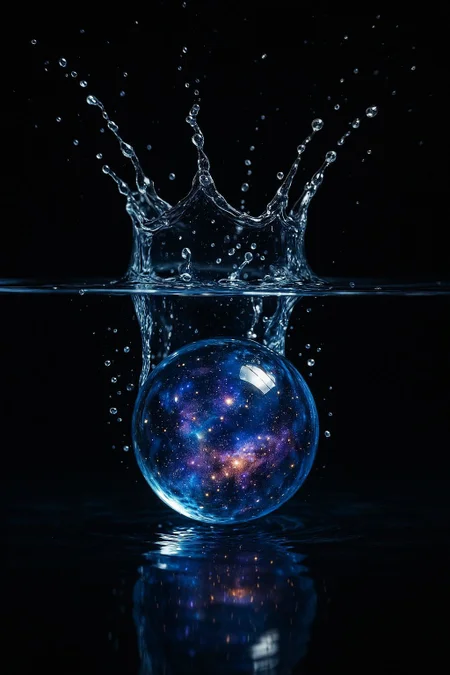 a glass marble with cosmos inside falling into water