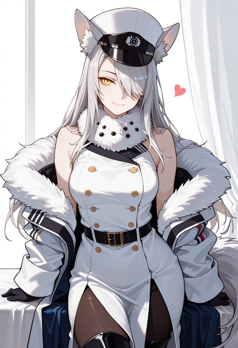 (score_9, score_8, score_7), masterwork, masterpiece, best quality, beautiful eyes, beautiful face, detailed eyes,detailed face, 1girl, silver hair, long hair, sidebangs, hair covering one eye, wolf ears, fluffy tail, yellow eyes, confident expression, pale skin, slim body, sharp gaze, white military-style coat, fur collar, double-breasted buttons, black belt, dark tights, white tall hat, black gloves, thigh-high boots, blue cloak lining, elegant, seductive smile, seductive pose, heart