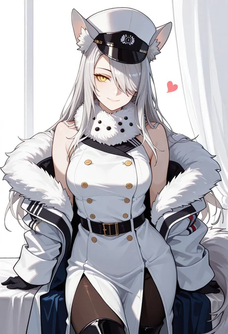 (score_9, score_8, score_7), masterwork, masterpiece, best quality, beautiful eyes, beautiful face, detailed eyes,detailed face, 1girl, silver hair, long hair, sidebangs, hair covering one eye, wolf ears, fluffy tail, yellow eyes, confident expression, pale skin, slim body, sharp gaze, white military-style coat, fur collar, double-breasted buttons, black belt, dark tights, white tall hat, black gloves, thigh-high boots, blue cloak lining, elegant, seductive smile, seductive pose, heart