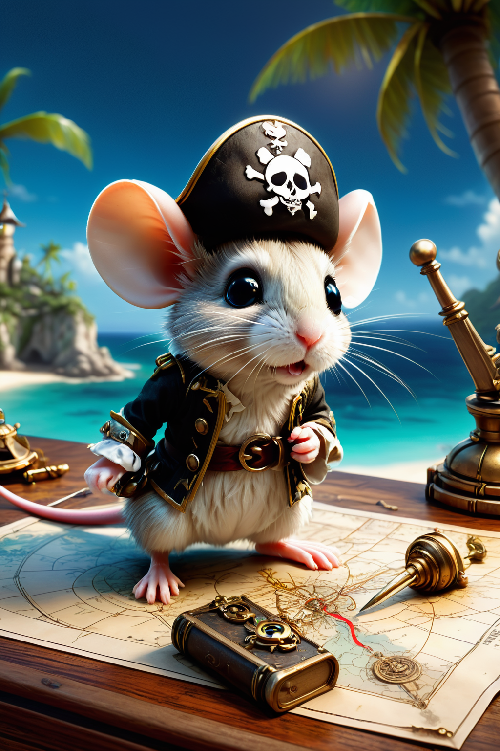 disney pixar sytle, masterpiece,  a little pirate mouse standing on an ancient weathered map of a mystical pirate island in the carribbean, way to a hidden treasure marked with a red cross, lying on a wooden table, magnifying glass, dagger, extremely detailed, 4k, hdr,  <lora:ste4mpunk:0.6> ste4mpunk, <lora:SDXLFaeTastic2400:0.8>