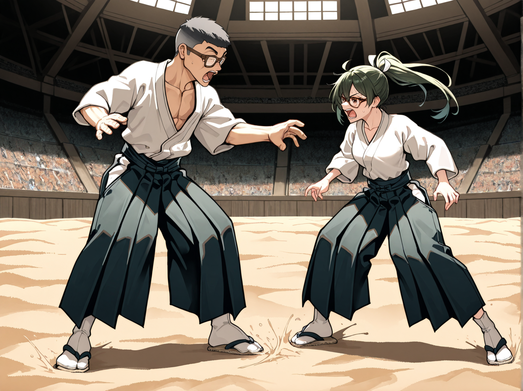 masterpiece, best quality, amazing quality, absurd res, 
 <lora:Gouki_Shibukawa_Baki_for_Illustrious:1> 1boy, gouk1, old, glasses, japanese clothes, hakama,
1girl, aikido, throw, arena, indoors, sand floor, duo, fight scene, battle,