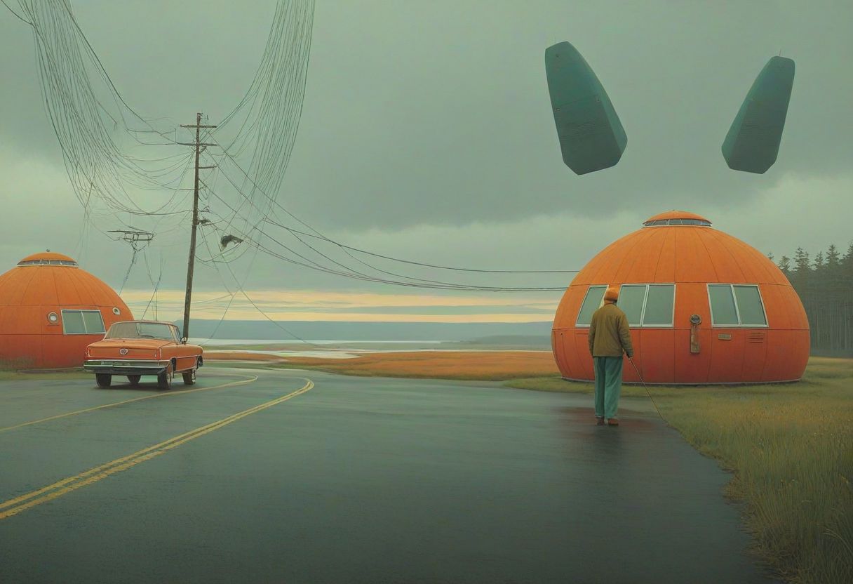 Vibrant (George Tooker) and (Simon Stalenhag) and (Holly Andres) book cover style.
Title: "The Closer".
Life-like details.
Cinematic. Dramatic. Dynamic. 
Pristine Aesthetic.
Enigmatic.
Emotionally Moving.
Moody.
Extremely refined lines and and shapes.
Extremely refined details on objects.
Sharp details.
Complementary colors.
Many details everywhere. Ray-Tracing. Anti-Aliasing. Realistic soft shadows. Low saturation colors. Insane quality. Insane resolution. Insane details. Masterpiece. 32k resolution.