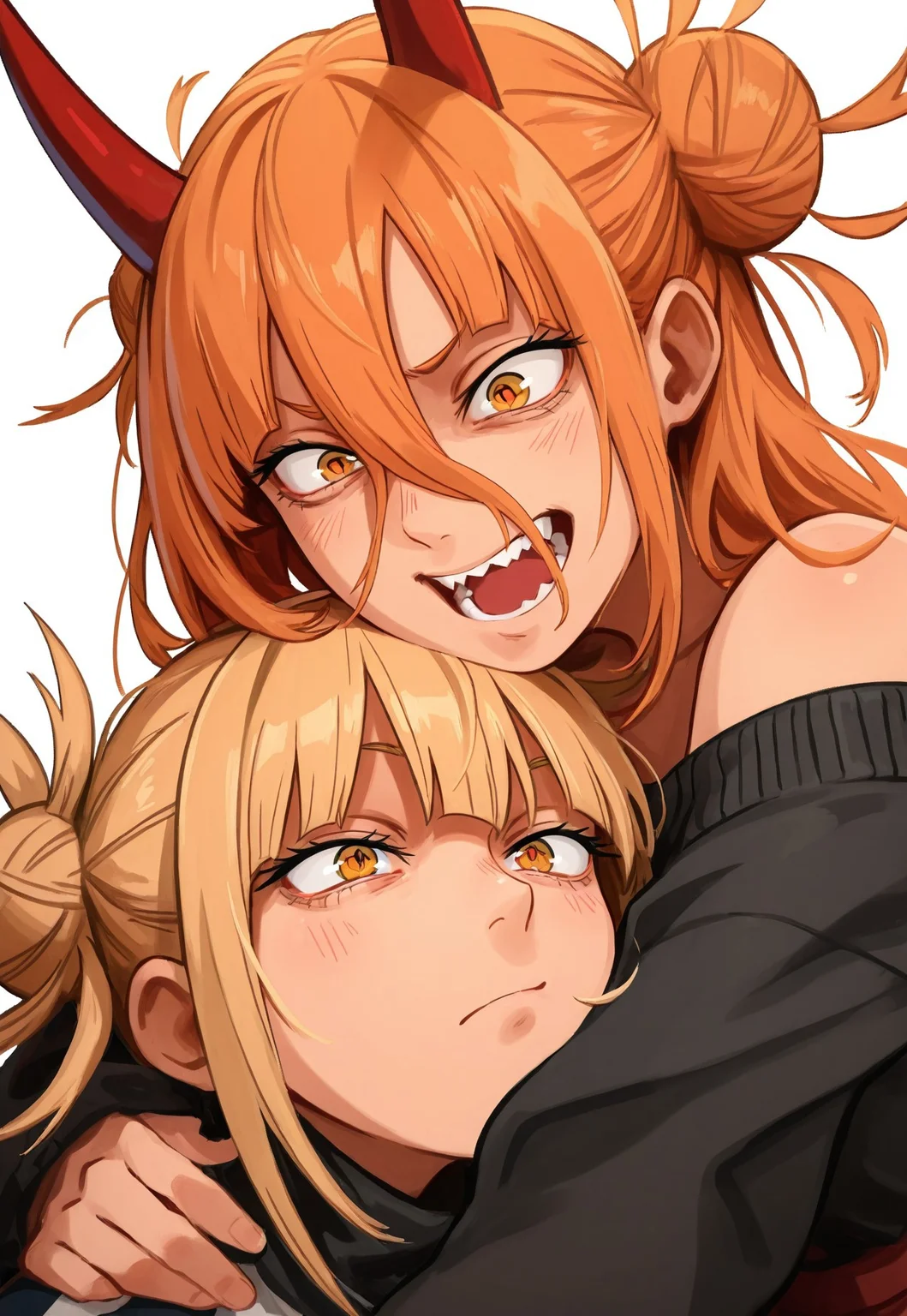 khle2, power_(chainsaw_man), toga_himiko, boku_no_hero_academia, chainsaw_man, 2girls, black_sweater, blonde_hair, closed_mouth, cross-shaped_pupils, crossover, demon_girl, demon_horns, hair_between_eyes, high-waist_skirt, horns, long_hair, long_hair_between_eyes, multiple_girls, open_mouth, orange_hair, red_horns, red_skirt, sharp_teeth, simple_background, skirt, sweater, symbol-shaped_pupils, teeth, white_background, yellow_eyes, masterpiece, masterfully drawn, amazing quality, best quality, incredibly absurdres, elegantly detailed, very aesthetic, illustration, sharp-lines, crisp-image, latest