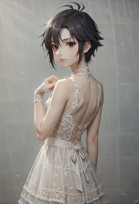 score_9, score_8_up, score_7_up, source_anime, cute, 1girl, solo, petite body, <lora:KikuchiMakoto_pony_v1:0.90> kikuchi makoto, kkcmkt, short hair, black hair, antenna hair, hair between eyes, black eyes, flat chest, small breasts, (black eyes, pale skin, lace dress:1.5), lace gloves, lace stockings, (back view:1.5)
zPDXL, zPDXL-neg
