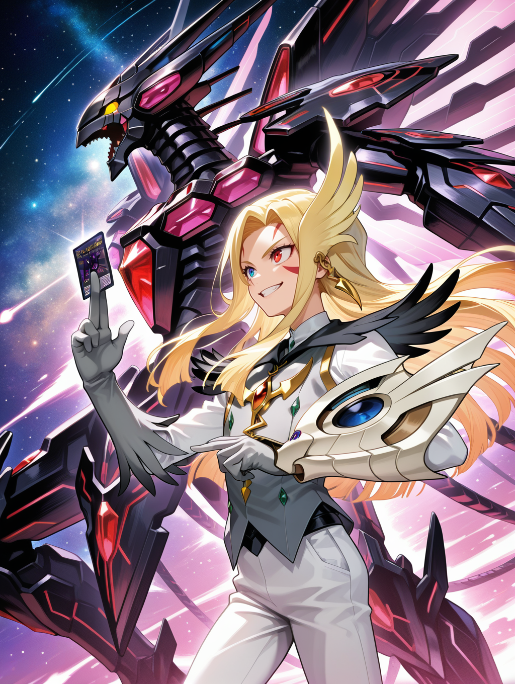 mizael,holding card,card,duel disk,1boy,grey gloves,grey vest,white pants,facial tattoo,male focus,smile,gold hair ornament,grin,teeth,solo,black mecha dragon,1other,galaxy-eyes tachyon dragon,no humans,open mouth,from side,heterochromia,space,
masterpiece,best quality,amazing quality,very aesthetic,absurdres,newest,<lora:Galaxy-Eyes Tachyon Dragon illuXL v1:0.86>,
