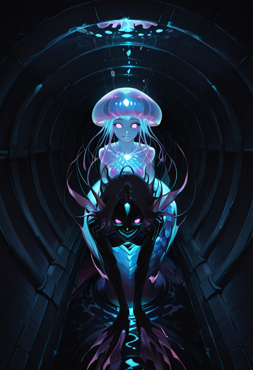 masterpiece, absurdres, best quality, amazing quality, ultra-detailed, newest, extremely detailed, very aesthetic, 
ultra detailed, intricate detail, ultra sharp, 
exquisite detail, exciting background, 
rating_safe, sfw, 
BREAK, 
monster girl, mermaid, jellyfish, 
evil smile, from side, from above, dynamic pose, 
Underwater, 
tunnel, sewer tunnel, reflection, creepy, dark, dirty,