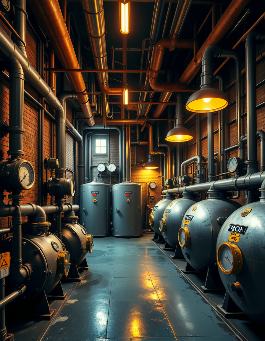 A highly detailed and realistic photograph of an industrial boiler room filled with large metal boilers, complex pipe systems, and pressure gauges. The room is dimly lit with a mix of warm yellow lighting from overhead industrial lamps and cool blue reflections from metallic surfaces. The air is slightly hazy with steam escaping from some of the pipes. The floor is made of reinforced concrete with visible stains from oil and water. Various control panels with blinking LED indicators and warning signs are mounted on the walls. The atmosphere is rugged and mechanical, evoking a sense of power and industrial efficiency. The depth of field is sharp, capturing intricate details such as rust on old pipes, the texture of the metal surfaces, and the labels on the control panels. The composition emphasizes symmetry, with pipes and machinery creating a structured, almost futuristic aesthetic. 
<lora:SDXLFaeTastic2400:0.4> <lora:extremely_detailed:0.4> extremely detailed,<lora:industrial_boiler_room:1>,industrial b01l3r r00m, Masterpiece,best quality,hi res,8k,hi res,8k,award winning,(sharp focus, intricate, highly detailed),