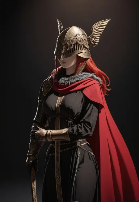 (Masterpiece), high quality, absurdres, BL4CK3STBL4CK, black_theme, matte_color, flat_color, (no_humans), vantablack, art, a woman with red hair, winged helmet, sword, red cape, Black_theme, dark lighting, black background, contrast
