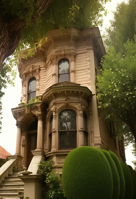 score_9,score_8_up,score_7_up, <lora:Victorian_house_pony_v2:1> v1ct0r14n, day, Italianate, 3story, tree, plant, bay windows, turret, 3story, 3houses