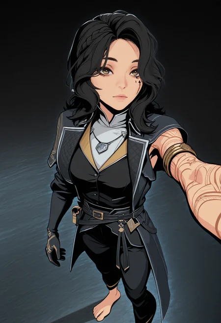 masterpiece, best quality, amazing quality, 1girl, <lora:lune_illustrious_byJaneB:1>, lun3e33,
facial tattoo, arm tattoo, coat, single glove, upper body, armlet, necklace, vivid colors, sharp, pants, belt, barefoot, selfie, <lora:necrodancerStyle_illustrious_byJaneB:1.5> necrodancerStyle