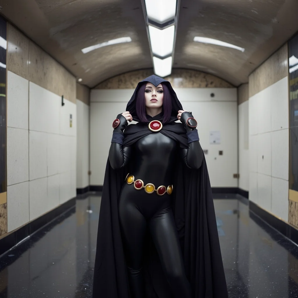 sci-fi style analog film photo a beautiful woman wearing a raven_costume in a subway station, old abandoned creepy and eerie image, heroic pose, dynamic posing, sensual and magical <lora:wc- raven costume:0.9> raven_costume, rv_costume, rcvt, RAW candid cinema, 16mm, color graded portra 400 film, remarkable color, ultra realistic, textured skin, remarkable detailed pupils, realistic dull skin noise, visible skin detail, skin fuzz, dry skin, shot with cinematic camera . faded film, desaturated, 35mm photo, grainy, vignette, vintage, Kodachrome, Lomography, stained, highly detailed, found footage . futuristic, technological, alien worlds, space themes, advanced civilizations