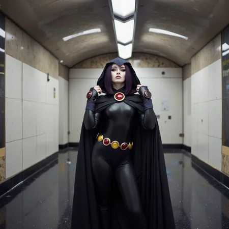 sci-fi style analog film photo a beautiful woman wearing a raven_costume in a subway station, old abandoned creepy and eerie image, heroic pose, dynamic posing, sensual and magical  <lora:wc- raven costume:0.9> raven_costume, rv_costume, rcvt, RAW candid cinema, 16mm, color graded portra 400 film, remarkable color, ultra realistic, textured skin, remarkable detailed pupils, realistic dull skin noise, visible skin detail, skin fuzz, dry skin, shot with cinematic camera . faded film, desaturated, 35mm photo, grainy, vignette, vintage, Kodachrome, Lomography, stained, highly detailed, found footage . futuristic, technological, alien worlds, space themes, advanced civilizations