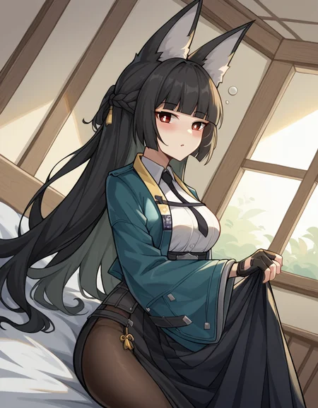 score_9, score_8_up, score_7_up, source_anime, miyabihoshimi, <lora:miyabi-hoshimi-ponyxl-lora-nochekaiser:1>, miyabi hoshimi,animal ear fluff, animal ears, black hair, bright pupils, fox ears, fox girl, half updo, long hair, red eyes, sidelocks, white pupils,, asymmetrical gloves, black gloves, black necktie, black skirt, blue jacket, collared shirt, fingerless gloves, gloves, high-waist skirt, jacket, long skirt, necktie, shirt, side slit, single fingerless glove, skirt, white shirt, wide sleeves,, indoors, bed, bed room, on side, blush, drunk, looking at viewer, solo, cowboy shot, dutch angle