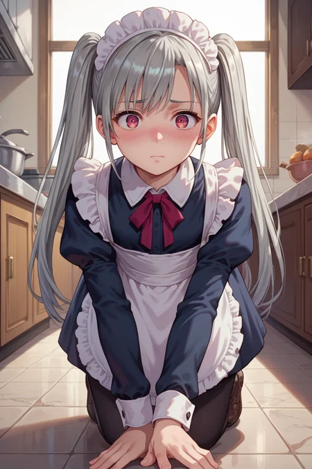 score_9, score_8_up, score_7_up, source anime,1girl,solo,pov,<lora:Liese_Luvens_ãªã¼ã¼ã«ã¼ã´ã§ã³ã¹__-_Hime_Dorei_Mesu_e_to_Ochiyuku_Futago_no_Oujo_姫奴é·çã¸ã¨å ã¡ããååã®ç女:0.5> himeLiese,1girl,solo,gray hair,long hair,twintails,ruby eyes, embarassed,blushing,on all fours,walking,hand on ground,maid dress,indoor,kitchen,castle