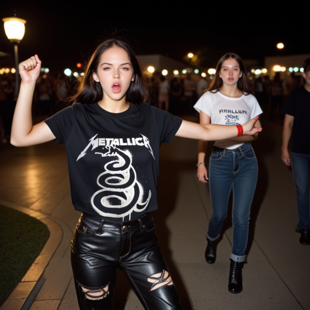 anime artwork 1girl, wearing a Metallica t-shirt, metallica logo, metallica_coffin design, she has black jeans, boots, she is at a night party, ultra quality, ultra detailed, 8k ,  kxkx, 
metallica_black, mtbl <lora:Rock__Metal_T-shirts_Metallica_-_Black_-_Pony_-000010:1> . anime style, key visual, vibrant, studio anime,  highly detailed