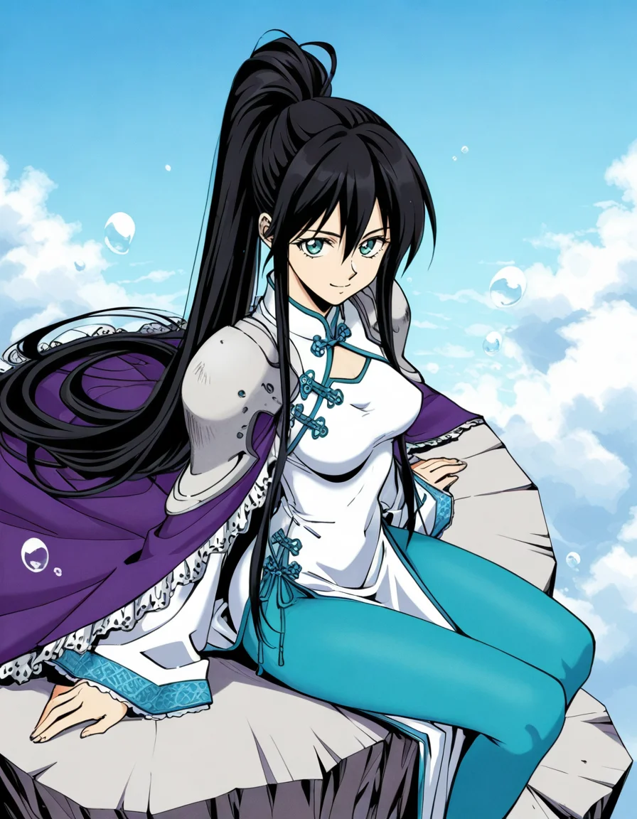 official style,Ryukichi kousyu,black hair,very long hair,ponytail,green eyes,purple frilled cape,shoulder armor,wide sleeves,(white china dress:1.2),aqua pantyhose,bubble,from front,facing viewer,front view,front angle shot,shoot from front,straight-on,outdoors,sky,day,(sitting:1.5),
explicit,soft brightness,perfect face,perfect nose, perfect hair, perfect eyes,perfect female body,perfect skin,a face of perfect proportion,perfect lighting,perfect anatomy,perfect proportion,perfect hands,perfect legs,perfect fingers,masterpiece,hair between eyes,
medium breasts,
perky breasts,best quality,very aesthetic,absurdres,16k,intricate detail,amazing quality,(bold:3.12),thick outline,black outline,harsh lines,soft lines,deluster,boldline,curvy,light smile,slim,(hat:-1),(empty eyes:-1),(emphasis lines:-1),(thighs:-1),
looking at viewer,
super fine illustration,detailed linework,vibrant colors,kawaii,flat color,
(from above:2),(from side:2),
 <lora:è¤å´ç«ç_å°ç¥æ¼ç¾©ç«åå¬ä¸»illustriousFujisaki_Ryu_version_style_Houshin_Engi_Princess_Ryukichiillustrious:1:0.8>