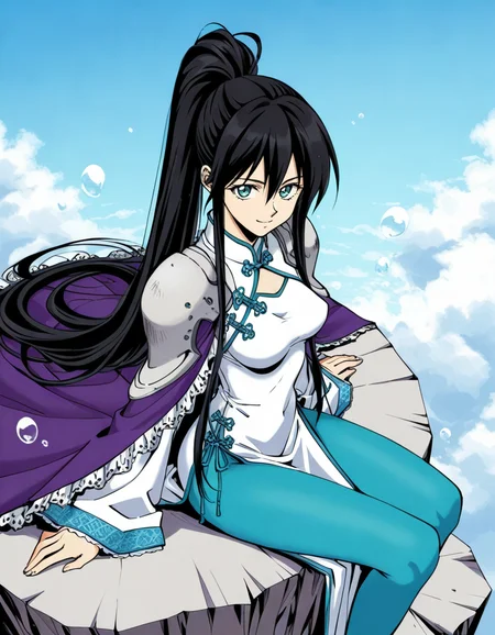 official style,Ryukichi kousyu,black hair,very long hair,ponytail,green eyes,purple frilled cape,shoulder armor,wide sleeves,(white china dress:1.2),aqua pantyhose,bubble,from front,facing viewer,front view,front angle shot,shoot from front,straight-on,outdoors,sky,day,(sitting:1.5),
explicit,soft brightness,perfect face,perfect nose, perfect hair, perfect eyes,perfect female body,perfect skin,a face of perfect proportion,perfect lighting,perfect anatomy,perfect proportion,perfect hands,perfect legs,perfect fingers,masterpiece,hair between eyes,
medium breasts,
perky breasts,best quality,very aesthetic,absurdres,16k,intricate detail,amazing quality,(bold:3.12),thick outline,black outline,harsh lines,soft lines,deluster,boldline,curvy,light smile,slim,(hat:-1),(empty eyes:-1),(emphasis lines:-1),(thighs:-1),
looking at viewer,
super fine illustration,detailed linework,vibrant colors,kawaii,flat color,
(from above:2),(from side:2),
<lora:è¤å´ç«ç_å°ç¥æ¼ç¾©ç«åå
¬ä¸»illustriousFujisaki_Ryu_version_style_Houshin_Engi_Princess_Ryukichiillustrious:1:0.8>