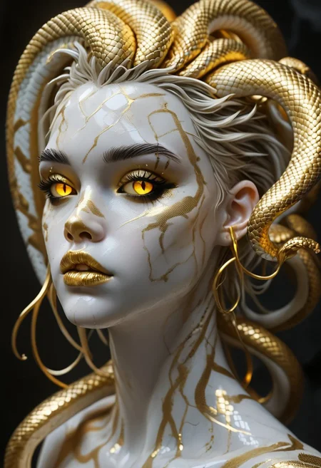 score_9, score_8_up, score_7_up, score_6_up, alternative punk girl with gold snake hair, Sculpt, sculpture style,marble skin,colored gold sclera,glowing,