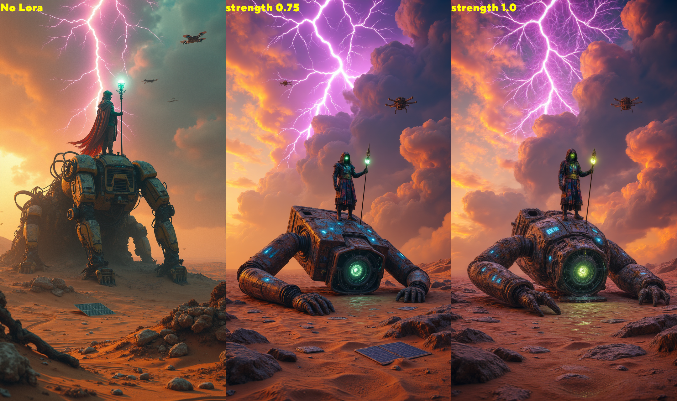 In a post-apocalyptic desert wasteland under a sky fractured with glowing orange and purple cracks, a lone scavenger stands atop a massive, rusted mech that has collapsed into the sand, its broken limbs sprawled like a fallen giant, covered in patches of glowing blue lichen that pulse faintly as if alive. The scavenger, clad in a patchwork cloak made of tattered circuit boards and glowing fiber optic threads, holds a staff topped with a glowing orb that emits a soft hum, casting a faint green light across the scene. The ground around the mech is littered with shards of shattered solar panels reflecting the fractured sky, and in the distance, a towering sandstorm swirls with streaks of lightning, revealing silhouettes of skeletal drones hovering within. Scattered bones of forgotten creatures glow faintly with a radioactive sheen, and the air is thick with a haze of toxic yellow dust, creating a gritty, dystopian atmosphere of survival and decay, shot with a Nikon Z7 II, .nef file. , aidmamjv7
