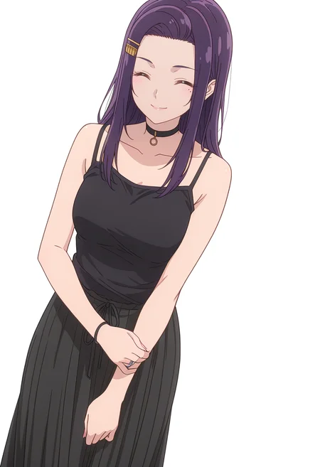 Smooth Quality,masterpiece,beautiful aesthetic, very intricate, high quality details, ultra realistic, high detailed skin,
simple background, white background,
dynamic angle,akanbe,\(^o^)/,
long skirt, ,tank top, camisole, ,Hand chains, <lora:Akino_Sayuricnn:0.8> sayuri/cnn, purple hair, long hair, 1girl, hairclip, mole under eye, choker,
