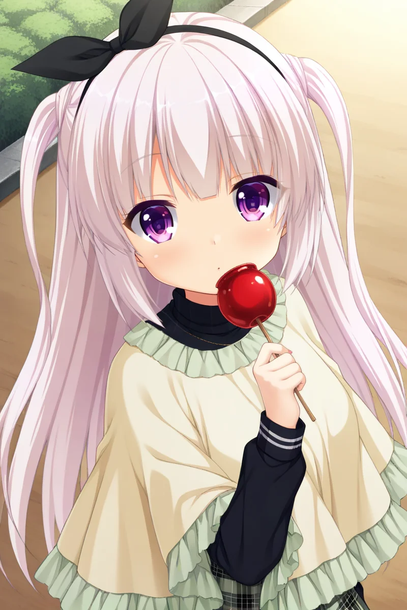 masterpiece,best quality,amazing quality,highres,scenery,newest,1girl,official style,caminalle,long hair,purple eyes,bangs,caminalle daily,shirt,plaid,black shirt,long sleeves,black hairband,hairband,bow,two side up,frills,capelet,very long hair,black bow,hair ribbon,ribbon,<lora:GoldenLoveriche-caminalle-V1:1>,outdoors,playground,looking at viewer,from side,from above,upper body,candy apple,