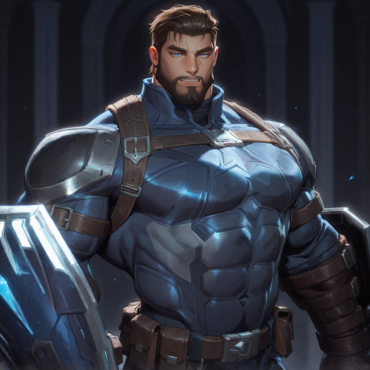 <lora:captainaiw_ill:.75> multicolored armor, short hair, gloves, leather, shield, blue eyes, brown hair,
aixiwuganda_(20222192), (artist:niichi \(niichi21\):0.5), (artist:jezz mons art:0.8), (artist:my eight:0.8), solo,
solo, muscular male, bara, mature, asian, hairy, hairy body, (very short hair), male focus,
very awa, masterpiece, best quality, absurdres, newest, perfect quality, detailed background, intricate details,
<lora:slider_Body Type_alpha1.0_rank4_noxattn_last:3><lora:style_Anime Summer Days 2 Style SDXL_LoRA_Pony Diffusion V6 XL:.6><lora:style_Low-Key Lighting Style - pony:.5>, DARK, DARK BACKGROUND, LOW-KEY LIGHTING <lora:slider_cfg_scale_boost:.7>