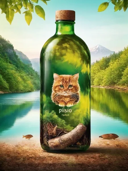 creative bio poster, animal, human, glass bottle, forest, river, mountain, <lora:åæ:0.8>