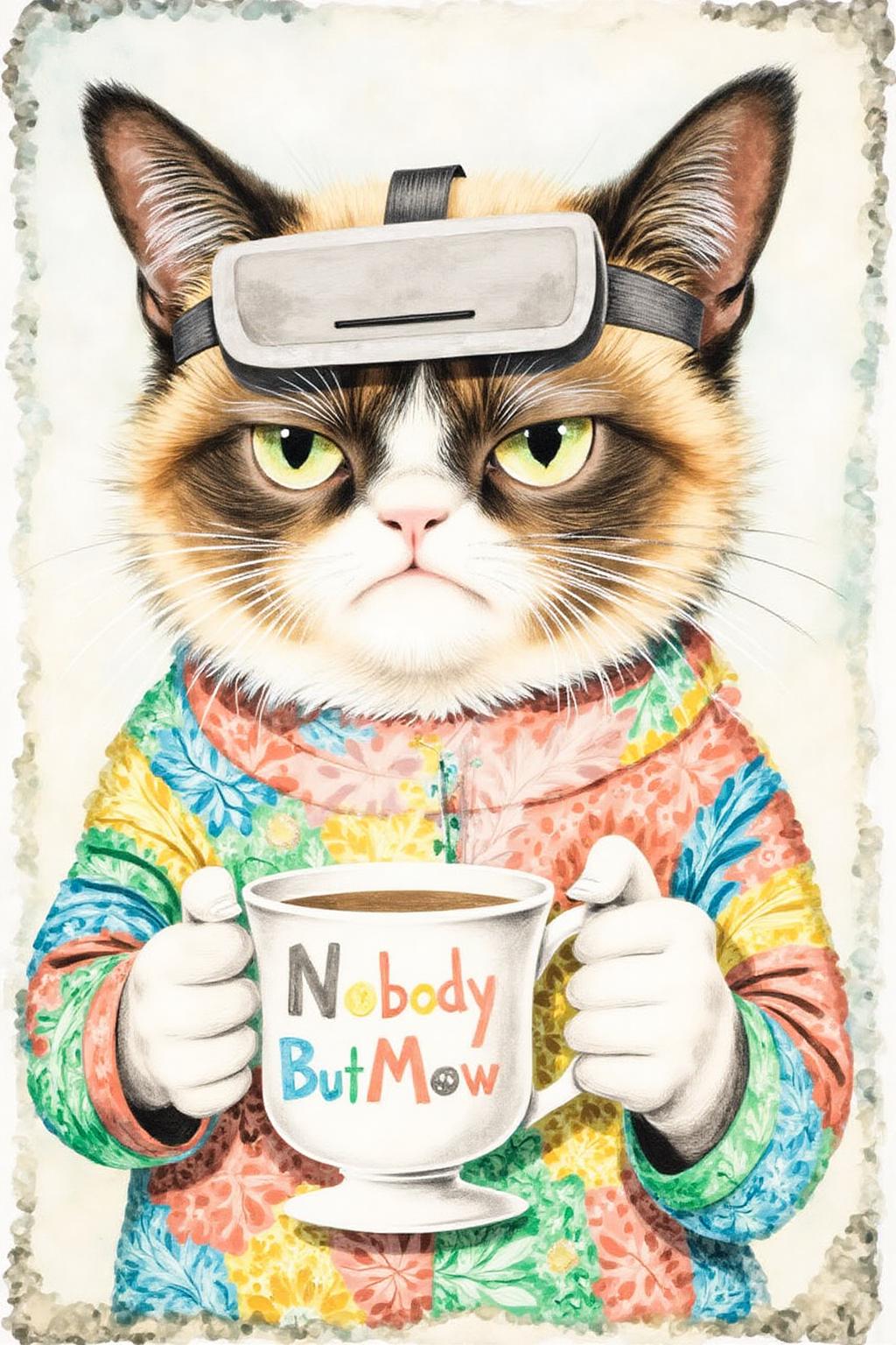 leowe1 illustration.
Grumpy Cat holding a coffee mug, wearing a VR Headset. The mug has the phrase "NobodyButMeow" printed.  The background is stark white <lora:gwonder1_cap_d6a3e15:1.0><lora:826575849491848333:0>
