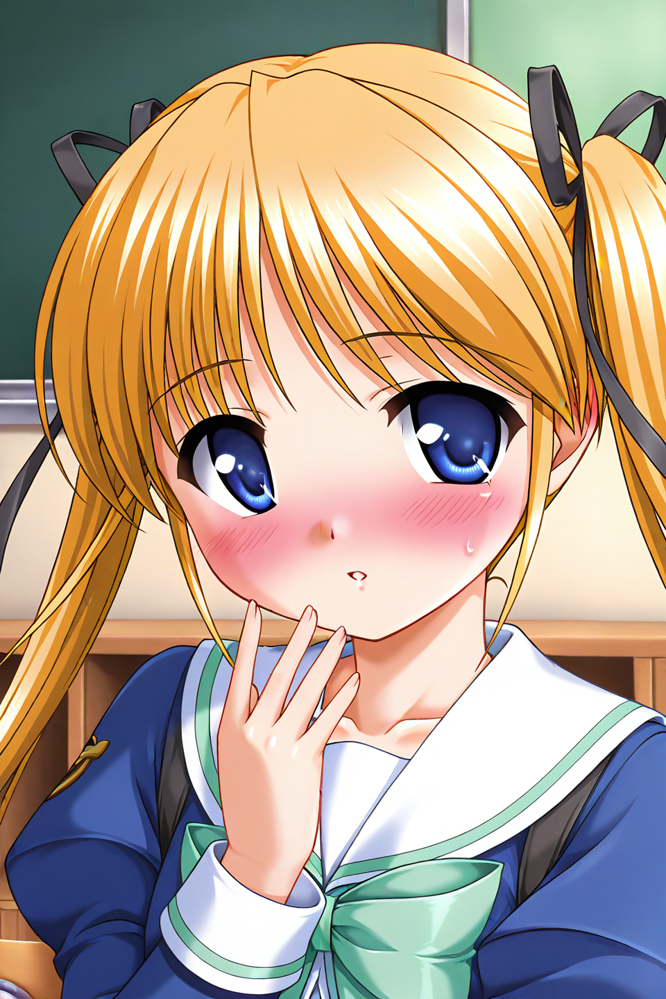 masterpiece, best quality, absurdres, official art, official style, rating generael BREAK <lora:shibugakimatsuri_IL_v1-3:0.7>, shibugaki matsuri, 1girl, solo, blonde hair, blue eyes, very long hair, bangs, twintails, hair ribbon, black ribbon, small breasts, winter uniform, school uniform, blue jacket, juliet sleeves, emblem, green ribbon, arm ribbon, white sailor collar, collarbone, green bowtie, white shirt, purple vest, upper body, portrait, close-up, indoors, classroom,
blush, embarrassed, fingernails, looking at viewer, nose blush, open mouth, parted lips, shy