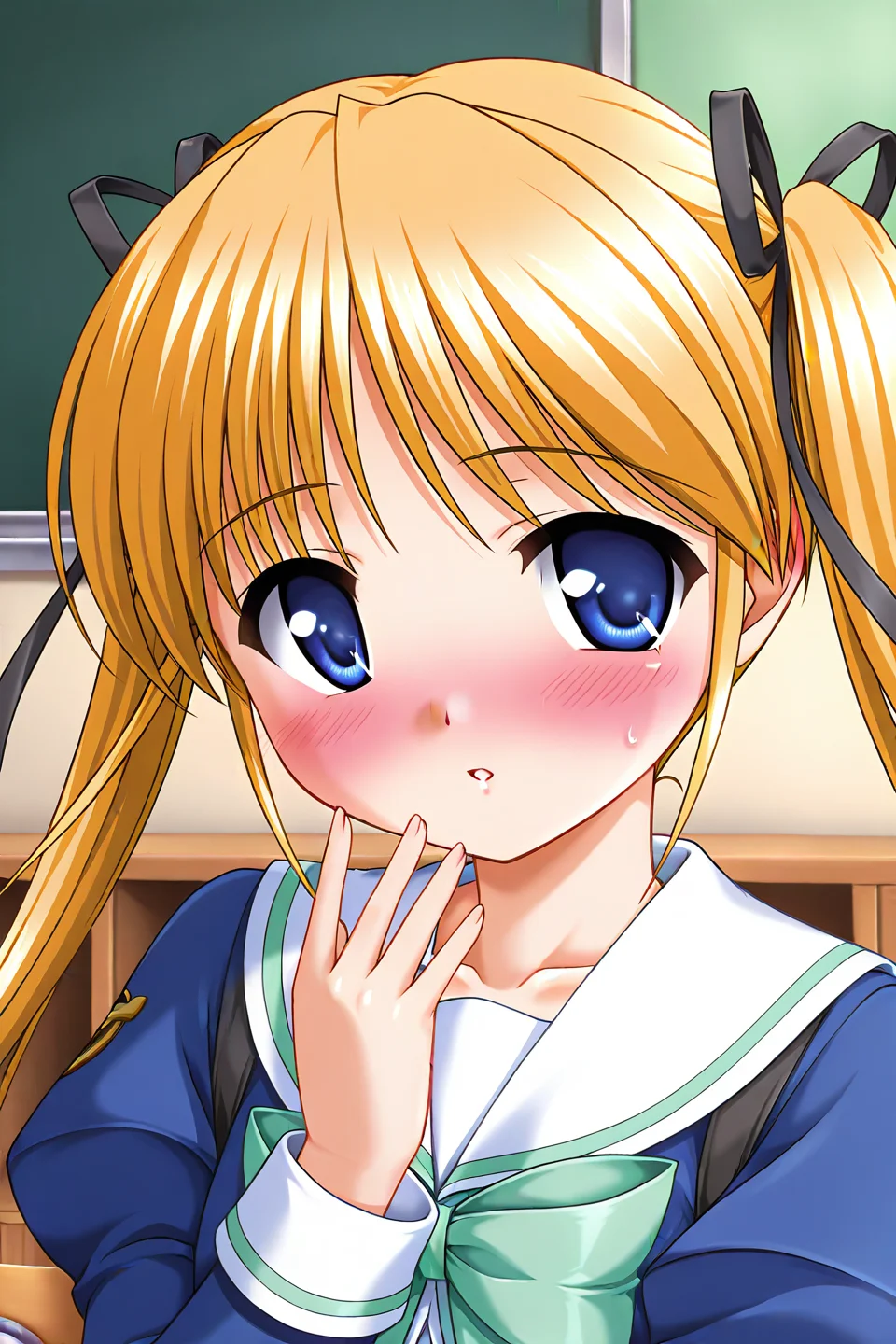 masterpiece, best quality, absurdres, official art, official style, rating generael BREAK <lora:shibugakimatsuri_IL_v1-3:0.7>, shibugaki matsuri, 1girl, solo, blonde hair, blue eyes, very long hair, bangs, twintails, hair ribbon, black ribbon, small breasts, winter uniform, school uniform, blue jacket, juliet sleeves, emblem, green ribbon, arm ribbon, white sailor collar, collarbone, green bowtie, white shirt, purple vest, upper body, portrait, close-up, indoors, classroom,
blush, embarrassed, fingernails, looking at viewer, nose blush, open mouth, parted lips, shy