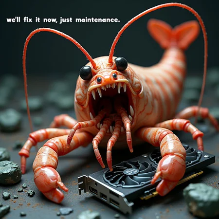 The shrimp is sitting there freaking out and throwing rtx 4090 and h100 video cards around, screaming. the text "we'll fix it now, just maintenance" is written along the outline of the image along the frame