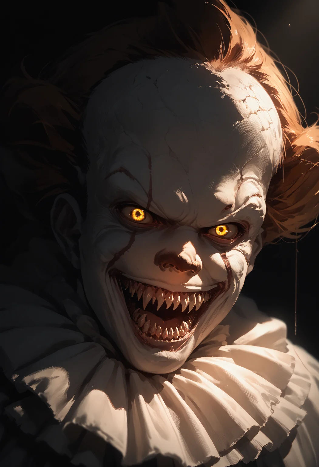 score_9, score_8_up, score_7_up, score_6_up, 1boy, monster, white costume, dark background, dim lighting, sharp teeth, solo, portrait, yellow eyes,
<lora:pennywise_v0.6-pony:1>
<lora:dark_v1.9-pony:1>