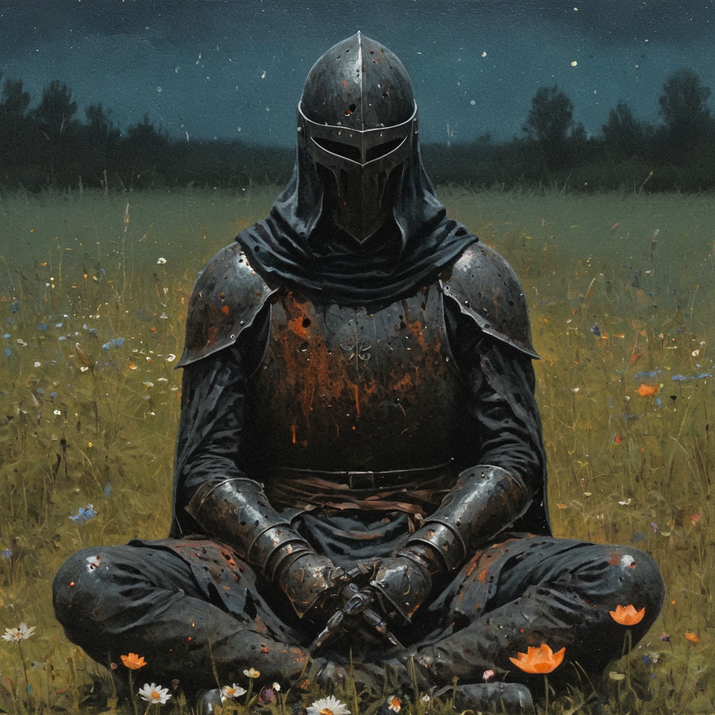 dark fantasy art style, A close-up portrait painting of mystical scene of a black hooded knight in rusted blood splattered full armor and helmet sitting in a lotus position in a field of night wildflowers, grainy, painterly texture