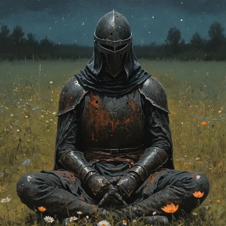 dark fantasy art style, A close-up portrait painting of mystical scene of a black hooded knight in rusted blood splattered full armor and helmet sitting in a lotus position in a field of night wildflowers, grainy, painterly texture