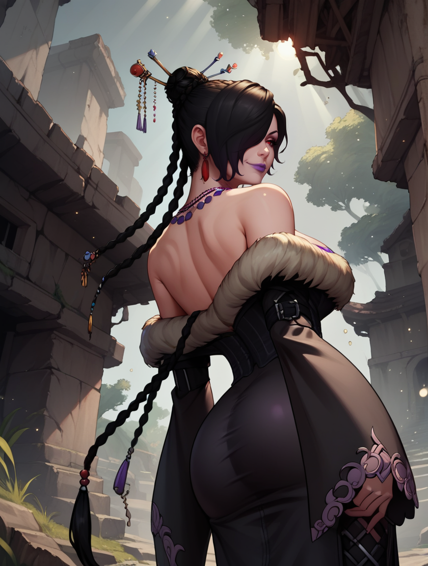 score_9, score_8_up, score_7_up,score_6_up, score_5_up, score_4_up , 
large breasts,
1girl, solo,
LuluDG,
black hair, hair ornament, red eyes, single hair bun, purple lips, hair stick,braid,hair over one eye,
black dress, jewelry, fur trim, multiple belts, beltskirt,
fantasy, outdoors, ruins, light particles, dim lighting, nature, tree, 
from behind, ass, wind, 
from below,
half closed eyes, smug, closed mouth, 
 <lora:Lulu PonyXL V1-000003:1>