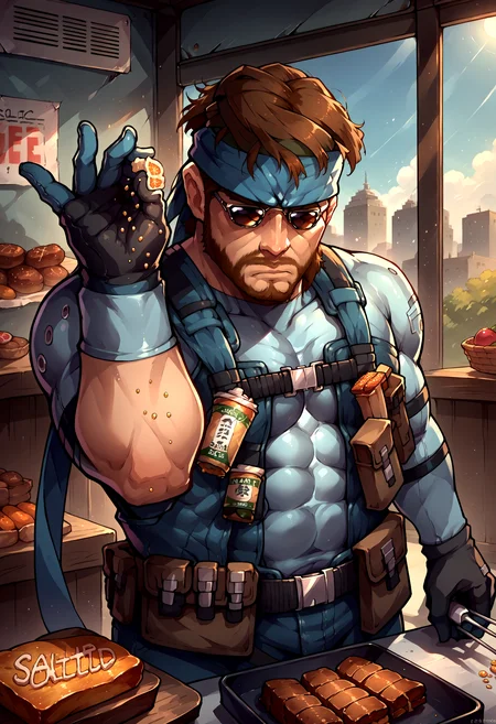 score_9, score_8_up, source_anime, saltbaememe, salt, sunglasses, <lora:SaltBaeMeme_XLPD_CAME:1>, flesh, food, <lora:solidsnake-pdxl-nvwls-v1:0.85>, solidsnake, brown hair, beard, facial hair, headband, blue bodysuit, gloves, harness, belt pouch, mature male