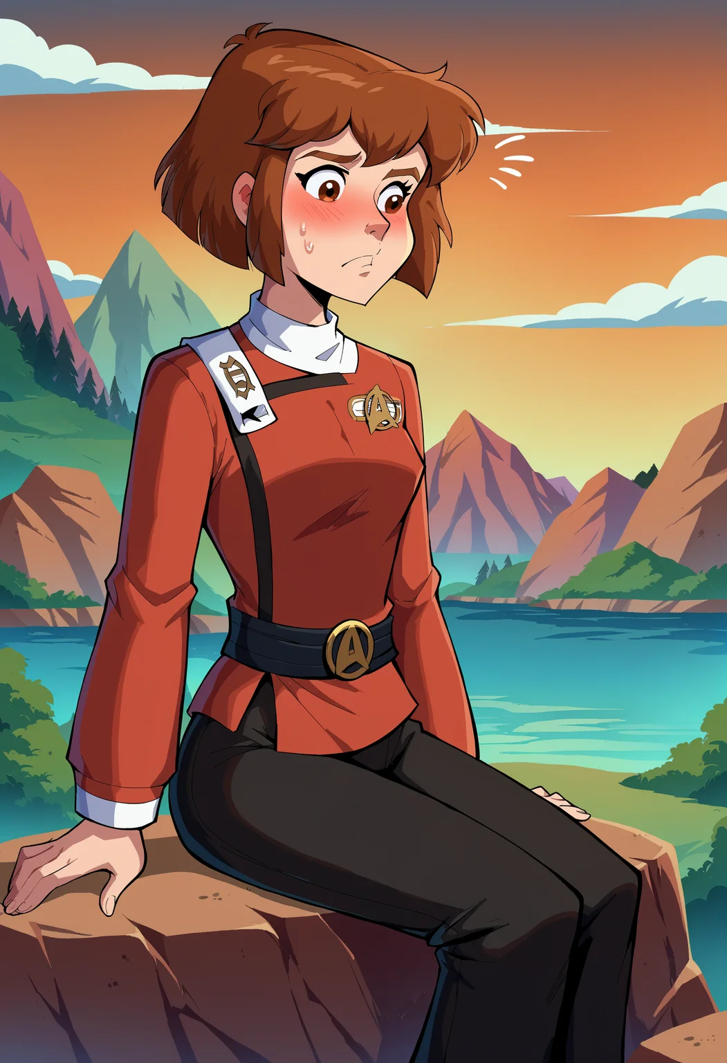 score_9, score_8_up, score_7_up, score_6_up, BREAK, BudgieFerngully, 1girl, solo, brown hair, short hair, brown eyes, sitting on rock, outside,embarassed<lora:Budgie_PXL_Leaf1>
sitting on a rock,near a lake,clouds
(twokunf,star trek red uniform intendation,long sleeves,white shoulder strap,white neck,black pants,black belt)<lora:TWOKpony>
