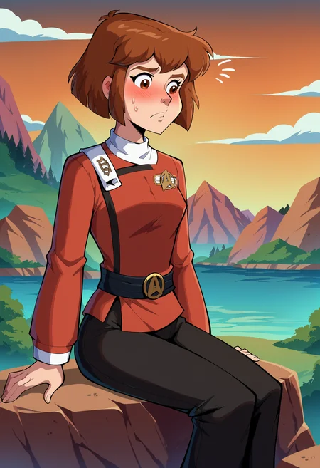 score_9, score_8_up, score_7_up, score_6_up, BREAK, BudgieFerngully, 1girl, solo, brown hair, short hair, brown eyes, sitting on rock, outside,embarassed<lora:Budgie_PXL_Leaf1>
sitting on a rock,near a lake,clouds
(twokunf,star trek red uniform intendation,long sleeves,white shoulder strap,white neck,black pants,black belt)<lora:TWOKpony>
