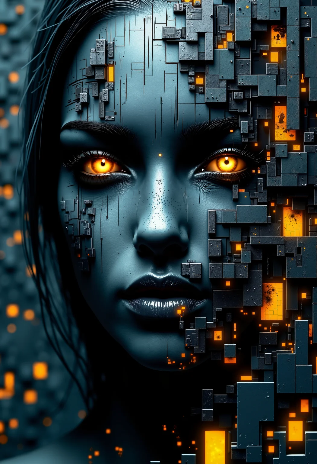 bo-digitalabstract, a digital artwork featuring a striking, cyberpunk-inspired portrait of a woman's face, the woman has a pale, almost black complexion, with a smooth, almost wet texture, suggesting recent use or injury, her eyes are a vivid, glowing yellow, adding a sense of intensity and mystery to her expression, her lips are full and slightly parted, giving her a serene yet melancholic demeanor, the background is a dark, industrial setting, with numerous square and rectangular blocks arranged in a grid-like pattern, creating a complex, abstract composition, the blocks are of varying sizes and colors, ranging from muted blues and grays to warm oranges and yellows, suggesting a mix of modern and technological elements, the overall effect is one of a blend of darkness and light, with the woman's expression and the intricate, glowing elements blending seamlessly into the background, the artwork has a futuristic, almost sci-fi aesthetic, blending elements of technology and human form into a surreal, otherworldly world<lora:Flux\boFLUX Digital Abstract.safetensors:0.8:0.8>