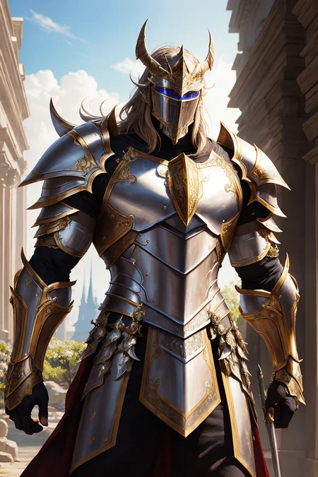 (masterpiece), ultra-realistic, Majestic knight middle shot, ultra - realistic, fantasy, dynamic pose, highly detailed armor, lineage 2, word of Warcraft, saint seiya