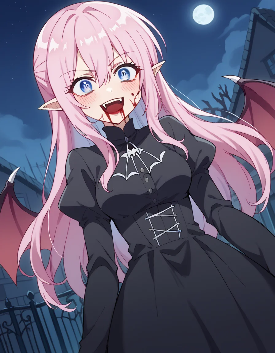 score_9, score_8_up, score_7_up, source_anime, <lora:miyako-shikimori-s1-ponyxl-lora-nochekaiser:1>, miyako shikimori, long hair, blue eyes, hair between eyes, pink hair, medium breasts,, <lora:vampire-ponyxl-lora-nochekaiser:1>, vampire, red eyes, pointy ears, fangs, black dress, wings, blood, blood on face, blood on mouth, bat (animal), halloween, halloween costume, upper teeth only, night, moon, blush, smile, open mouth, , dutch angle, cowboy shot