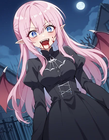 score_9, score_8_up, score_7_up, source_anime, <lora:miyako-shikimori-s1-ponyxl-lora-nochekaiser:1>, miyako shikimori, long hair, blue eyes, hair between eyes, pink hair, medium breasts,, <lora:vampire-ponyxl-lora-nochekaiser:1>, vampire, red eyes, pointy ears, fangs, black dress, wings, blood, blood on face, blood on mouth, bat (animal), halloween, halloween costume, upper teeth only, night, moon, blush, smile, open mouth, , dutch angle, cowboy shot