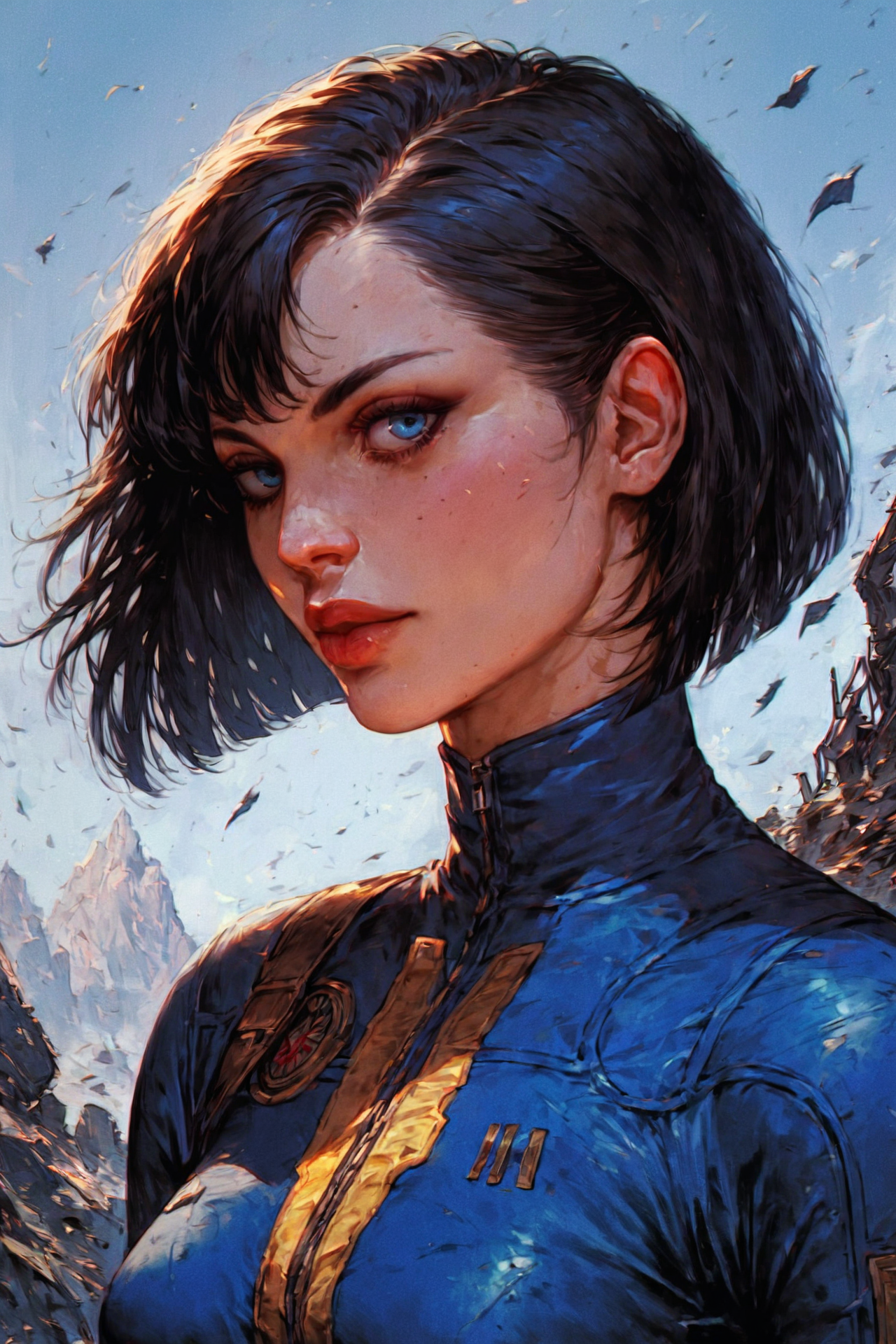uncensored,detailed,volumetric,score_9,score_8_up,score_7_up,rating_lewd,rating_explicit,very aesthetic,<lora:add-detail-xl:0.5>,<lora:xl_more_art-full_v1:0.3>, (best quality, hires textures, high detail:1.2),(incredibly detailed:1.4), 1girl,solo,short hair,bob cut,black hair,blue eyes,eyeliner,blue bodysuit,vault suit,unzipped,black bra,large breasts,cleavage,pip boy,shoulder armor,outdoors,gas station,style fallout4,post-apocalypse,(masterpiece),(ultra-detailed),perfect composition,intricate details,<lora:Kenva:1>,knva,halftone effect,retro artstyle