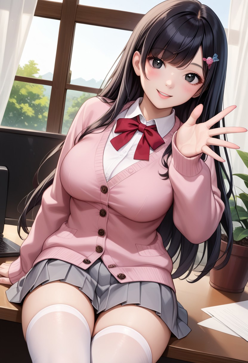 score_9, score_8_up, score_7_up, source_anime, 
detailed eyes, eye reflection,
japanese girl,
black eyes, black hair, long hair, princess cut, bangs, hairpin,
large breasts,
pink cardigan, open cardigan, neck ribbon, red ribbon, collared shirt, white shirt, long sleeves,
skirt, pleated skirt, grey skirt,
thighhighs, white thighhighs,
office, indoors, window, curtains, tree,
1girl, blush, smile,
reaching to viewer,