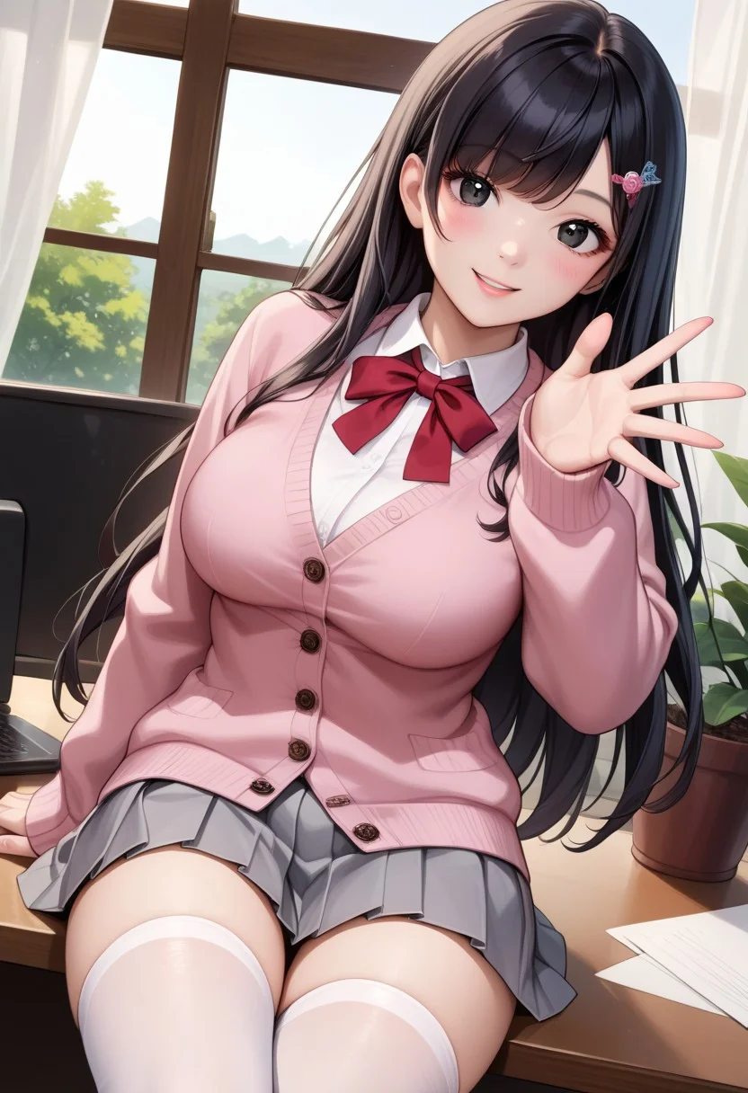score_9, score_8_up, score_7_up, source_anime,
detailed eyes, eye reflection,
japanese girl,
black eyes, black hair, long hair, princess cut, bangs, hairpin,
large breasts,
pink cardigan, open cardigan, neck ribbon, red ribbon, collared shirt, white shirt, long sleeves,
skirt, pleated skirt, grey skirt,
thighhighs, white thighhighs,
office, indoors, window, curtains, tree,
1girl, blush, smile,
reaching to viewer,