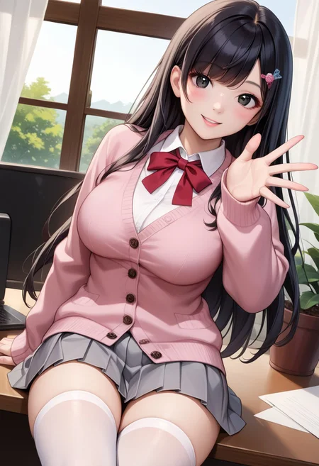 score_9, score_8_up, score_7_up, source_anime, 
detailed eyes, eye reflection,
japanese girl,
black eyes, black hair, long hair, princess cut, bangs, hairpin,
large breasts,
pink cardigan, open cardigan, neck ribbon, red ribbon, collared shirt, white shirt, long sleeves,
skirt, pleated skirt, grey skirt,
thighhighs, white thighhighs,
office, indoors, window, curtains, tree,
1girl, blush, smile,
reaching to viewer,
