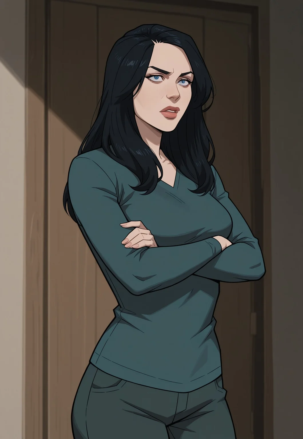 masterpiece, best quality, detailed, realistic, cowboy shot, serious, parted lips, 1girl, solo, invbeckd, black hair, long hair, thick lips, blue eyes, breasts, shirt, long sleeves, pants, crossed arms,